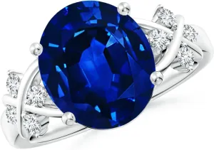 Angara Lab Grown Solitaire Oval Blue Sapphire Criss Cross Ring with Diamonds in Silver / 14K Solid Gold/Platinum | September Birthstone, Birthday, Engagement, Anniversary Jewelry Gift for Women