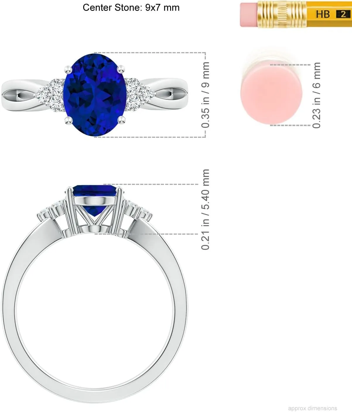 Angara Lab Grown Solitaire Oval Blue Sapphire Split Shank Ring with Trio Lab Diamonds in Silver / 14K Solid Gold/Platinum | Birthday, Engagement, Anniversary, Wedding Jewelry Gift for Women