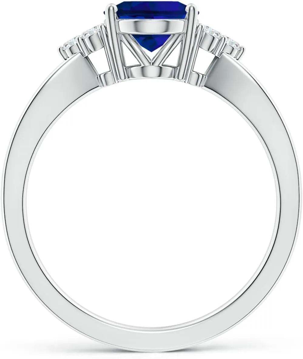 Angara Lab Grown Solitaire Oval Blue Sapphire Split Shank Ring with Trio Lab Diamonds in Silver / 14K Solid Gold/Platinum | Birthday, Engagement, Anniversary, Wedding Jewelry Gift for Women