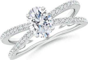 Angara Lab Grown Solitaire Oval Diamond Crossover Shank Engagement Ring in Silver / 14K Solid Gold/Platinum | April Birthstone, Birthday, Anniversary, Wedding Jewelry Gift for Women
