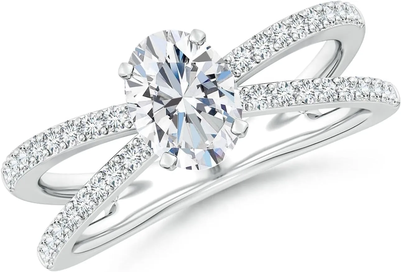 Angara Lab Grown Solitaire Oval Diamond Crossover Shank Engagement Ring in Silver / 14K Solid Gold/Platinum | April Birthstone, Birthday, Anniversary, Wedding Jewelry Gift for Women