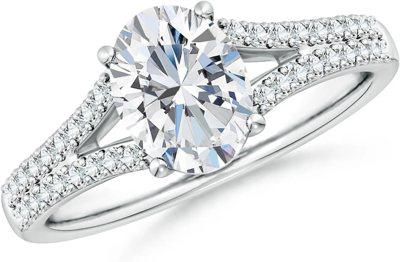 Angara Lab Grown Solitaire Oval Diamond Split Shank Engagement Ring in Silver / 14K Solid Gold/Platinum | April Birthstone, Birthday, Anniversary, Wedding Jewelry Gift for Women