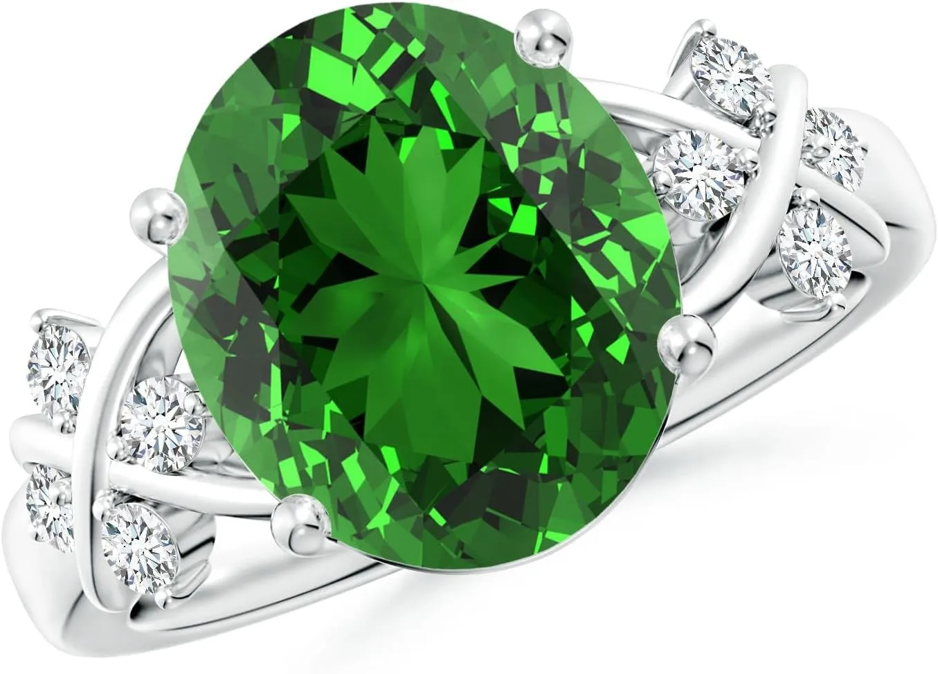 Angara Lab Grown Solitaire Oval Emerald Criss Cross Ring with Diamonds in Silver / 14K Solid Gold/Platinum | May Birthstone, Birthday, Engagement, Anniversary, Wedding Jewelry Gift for Women
