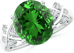 Angara Lab Grown Solitaire Oval Emerald Criss Cross Ring with Diamonds in Silver / 14K Solid Gold/Platinum | May Birthstone, Birthday, Engagement, Anniversary, Wedding Jewelry Gift for Women