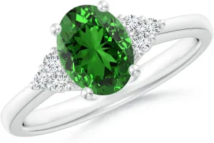 Angara Lab Grown Solitaire Oval Emerald Ring with Trio Lab Diamond Accents in 14K Solid Gold/Platinum | May Birthstone, Birthday, Engagement, Anniversary, Wedding Jewelry Gift for Women