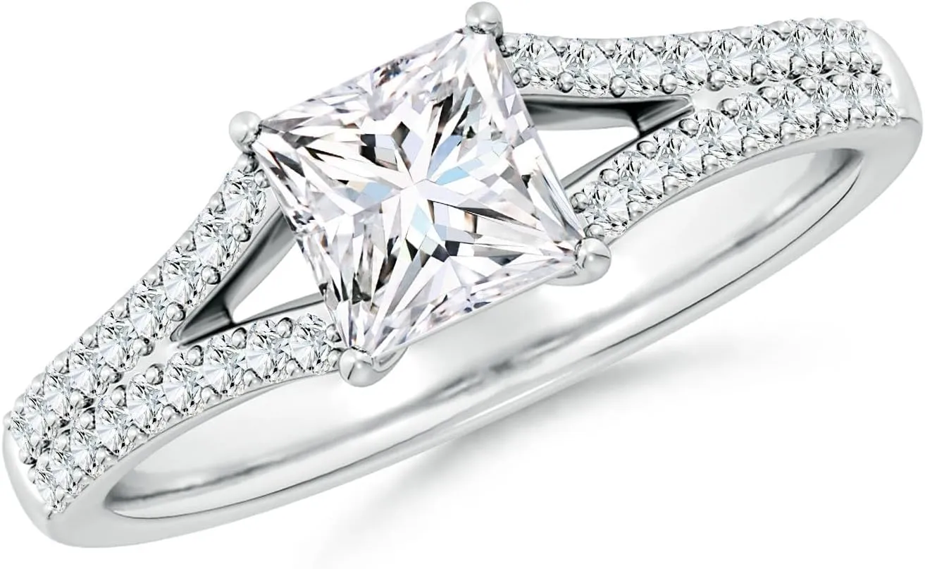 Angara Lab Grown Solitaire Princess-Cut Diamond Split Shank Engagement Ring in Silver / 14K Solid Gold/Platinum | April Birthstone, Birthday, Anniversary, Wedding Jewelry Gift for Women