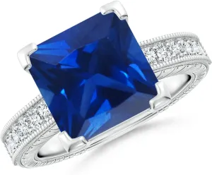 Angara Lab Grown Square Cut Blue Sapphire Solitaire Ring with Milgrain Detailing in Silver / 14K Solid Gold/Platinum | September Birthstone, Birthday, Engagement, Anniversary Jewelry Gift for Women