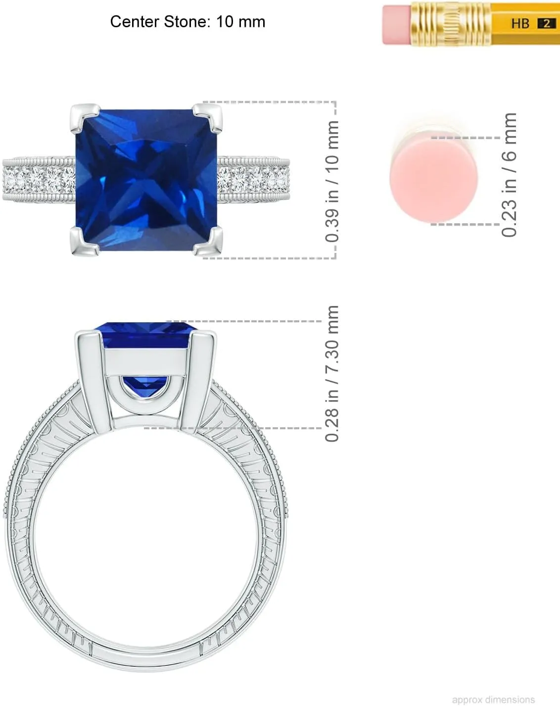 Angara Lab Grown Square Cut Blue Sapphire Solitaire Ring with Milgrain Detailing in Silver / 14K Solid Gold/Platinum | September Birthstone, Birthday, Engagement, Anniversary Jewelry Gift for Women