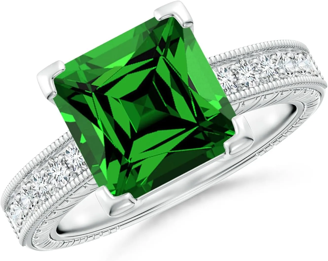 Angara Lab Grown Square Cut Emerald Solitaire Ring with Milgrain Detailing in Silver / 14K Solid Gold/Platinum | May Birthstone, Birthday, Engagement, Anniversary, Wedding Jewelry Gift for Women