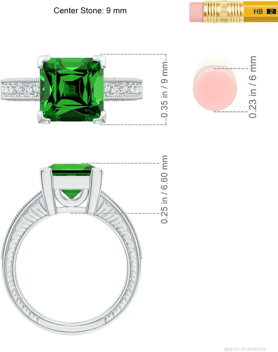 Angara Lab Grown Square Cut Emerald Solitaire Ring with Milgrain Detailing in Silver / 14K Solid Gold/Platinum | May Birthstone, Birthday, Engagement, Anniversary, Wedding Jewelry Gift for Women