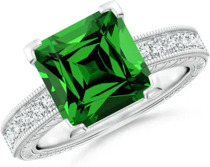 Angara Lab Grown Square Cut Emerald Solitaire Ring with Milgrain Detailing in Silver / 14K Solid Gold/Platinum | May Birthstone, Birthday, Engagement, Anniversary, Wedding Jewelry Gift for Women
