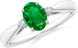 Angara Lab Grown Tapered Shank Emerald Solitaire Ring with Diamond Accents in 14K Solid Gold/Platinum | May Birthstone, Birthday, Engagement, Anniversary, Wedding Jewelry Gift for Women