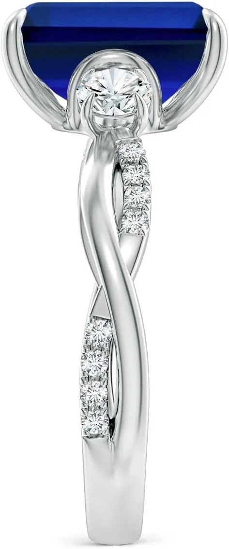Angara Lab Grown Three Stone Emerald-Cut Blue Sapphire & Round Diamond Engagement Ring in 14K Solid Gold/Platinum | Birthday, Anniversary, Wedding Jewelry Gift for Women