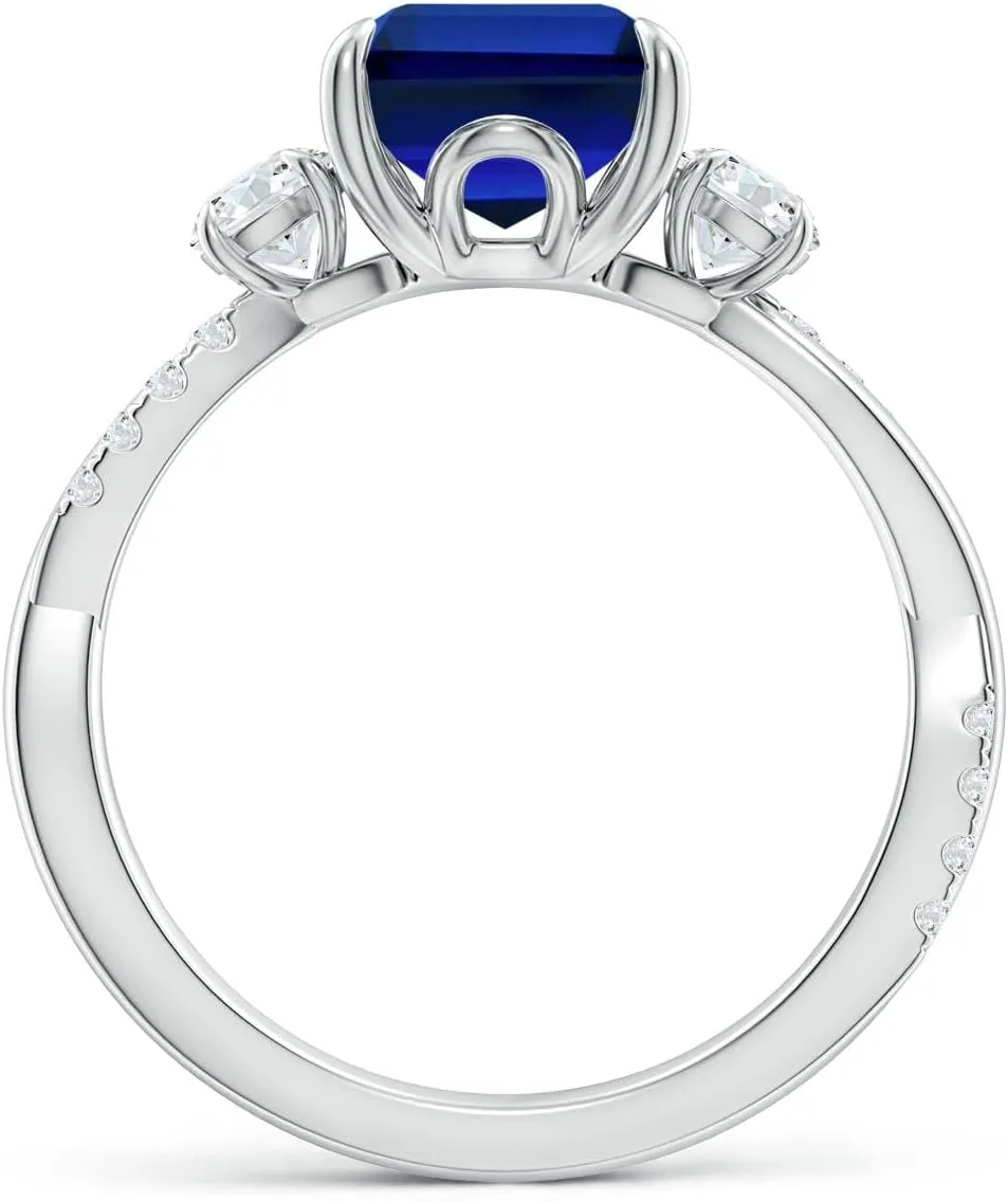 Angara Lab Grown Three Stone Emerald-Cut Blue Sapphire & Round Diamond Engagement Ring in 14K Solid Gold/Platinum | Birthday, Anniversary, Wedding Jewelry Gift for Women