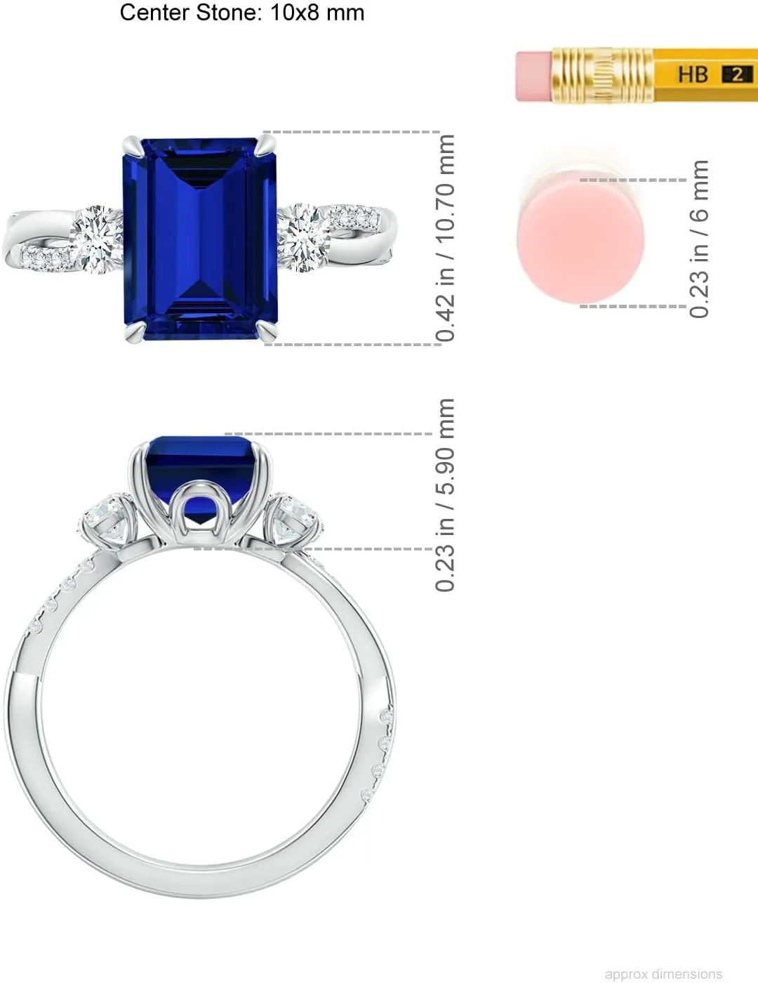Angara Lab Grown Three Stone Emerald-Cut Blue Sapphire & Round Diamond Engagement Ring in 14K Solid Gold/Platinum | Birthday, Anniversary, Wedding Jewelry Gift for Women