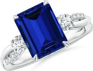Angara Lab Grown Three Stone Emerald-Cut Blue Sapphire & Round Diamond Engagement Ring in 14K Solid Gold/Platinum | Birthday, Anniversary, Wedding Jewelry Gift for Women