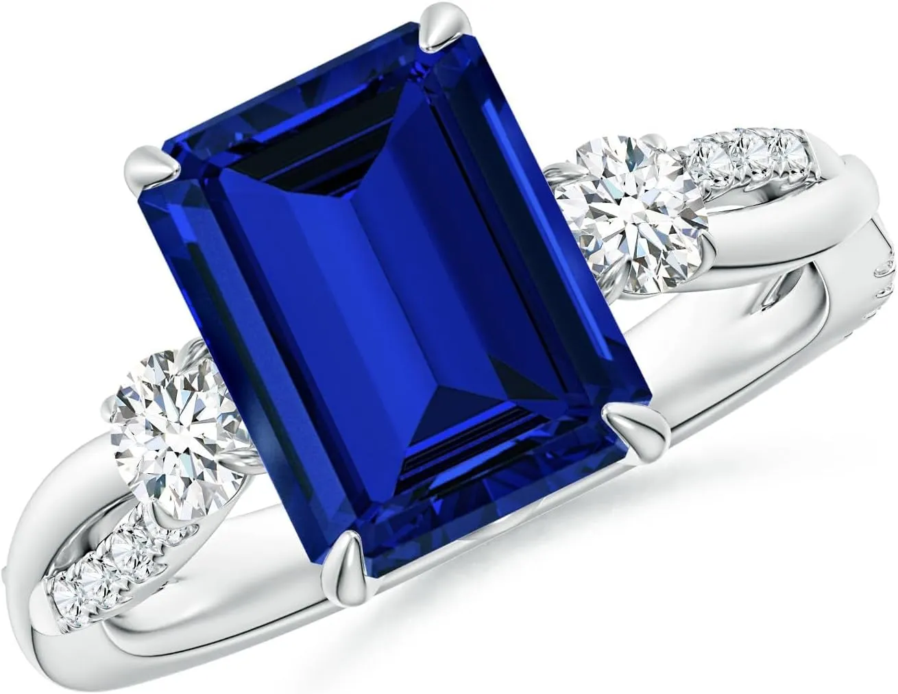 Angara Lab Grown Three Stone Emerald-Cut Blue Sapphire & Round Diamond Engagement Ring in 14K Solid Gold/Platinum | Birthday, Anniversary, Wedding Jewelry Gift for Women