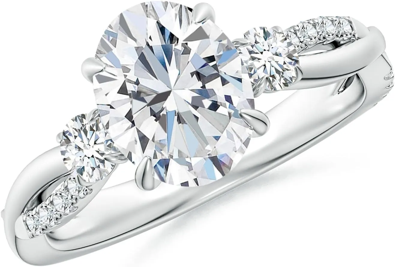 Angara Lab Grown Three Stone Oval & Round Diamond Engagement Ring in Silver / 14K Solid Gold/Platinum | April Birthstone, Birthday, Anniversary, Wedding Jewelry Gift for Women