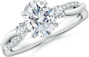 Angara Lab Grown Three Stone Oval & Round Diamond Engagement Ring in Silver / 14K Solid Gold/Platinum | April Birthstone, Birthday, Anniversary, Wedding Jewelry Gift for Women
