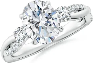 Angara Lab Grown Three Stone Oval & Round Diamond Engagement Ring in Silver / 14K Solid Gold/Platinum | April Birthstone, Birthday, Anniversary, Wedding Jewelry Gift for Women