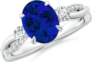 Angara Lab Grown Three Stone Oval Blue Sapphire & Round Diamond Engagement Ring in 14K Solid Gold/Platinum | Birthday, Anniversary, Wedding Jewelry Gift for Women