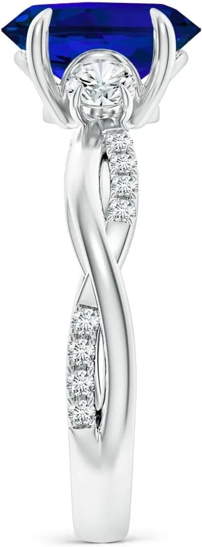 Angara Lab Grown Three Stone Oval Blue Sapphire & Round Diamond Engagement Ring in 14K Solid Gold/Platinum | Birthday, Anniversary, Wedding Jewelry Gift for Women