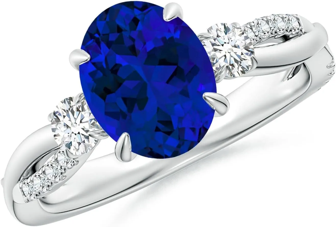 Angara Lab Grown Three Stone Oval Blue Sapphire & Round Diamond Engagement Ring in 14K Solid Gold/Platinum | Birthday, Anniversary, Wedding Jewelry Gift for Women