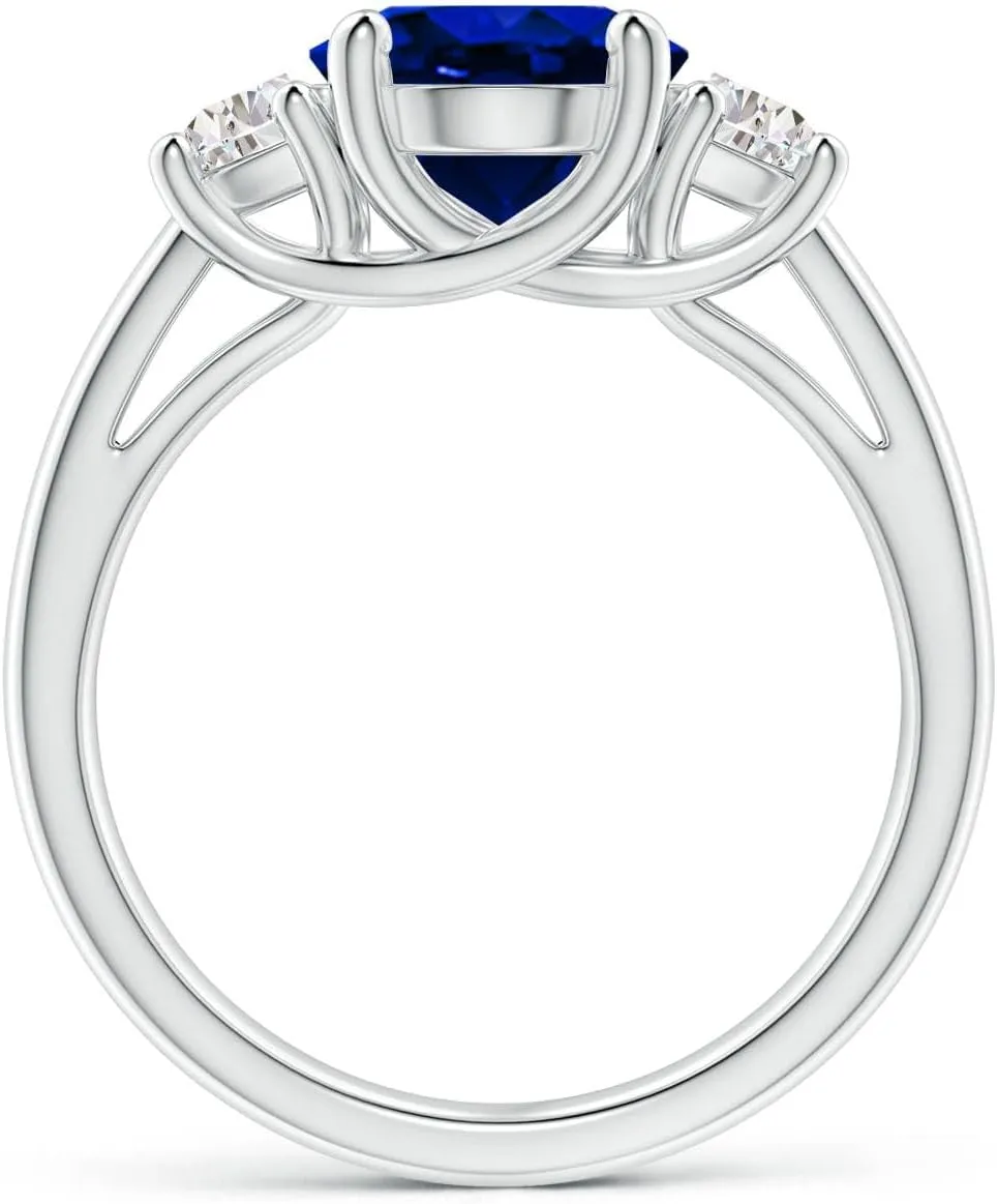 Angara Lab Grown Three Stone Oval Blue Sapphire and Half Moon Lab Diamond Ring in Silver / 14K Solid Gold/Platinum | September Birthstone, Birthday, Engagement, Anniversary Jewelry Gift for Women