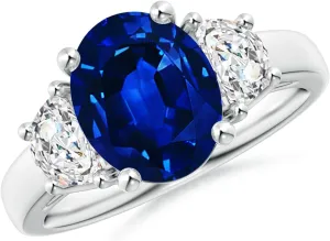 Angara Lab Grown Three Stone Oval Blue Sapphire and Half Moon Lab Diamond Ring in Silver / 14K Solid Gold/Platinum | September Birthstone, Birthday, Engagement, Anniversary Jewelry Gift for Women
