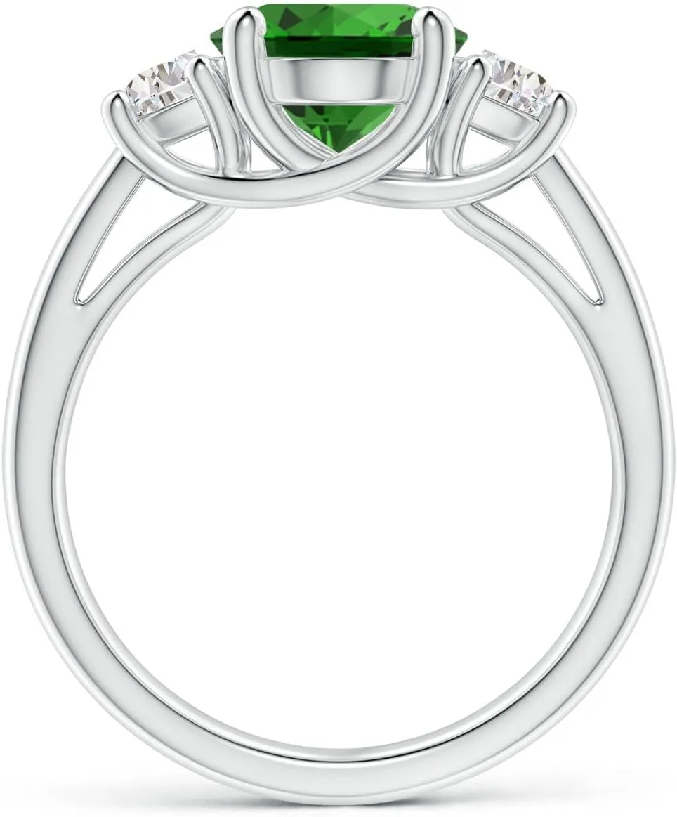 Angara Lab Grown Three Stone Oval Emerald and Half Moon Diamond Ring in Silver / 14K Solid Gold/Platinum | May Birthstone, Birthday, Engagement, Anniversary, Wedding Jewelry Gift for Women