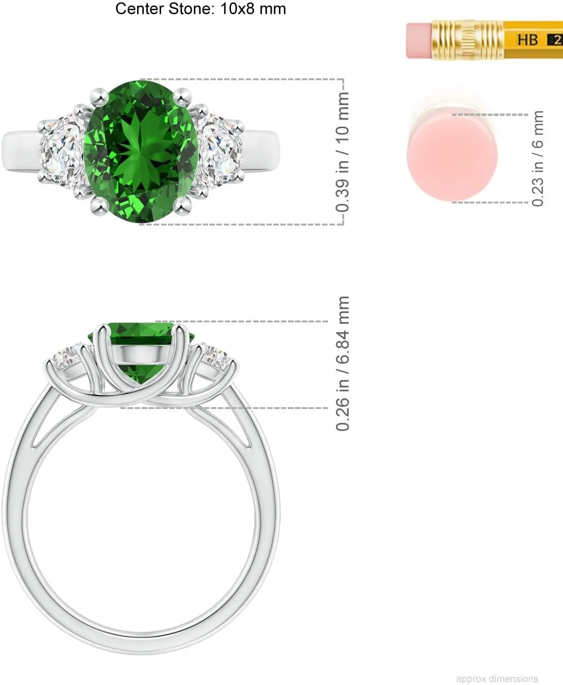 Angara Lab Grown Three Stone Oval Emerald and Half Moon Diamond Ring in Silver / 14K Solid Gold/Platinum | May Birthstone, Birthday, Engagement, Anniversary, Wedding Jewelry Gift for Women