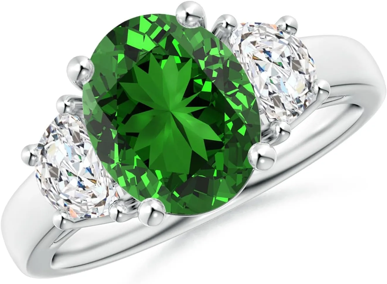 Angara Lab Grown Three Stone Oval Emerald and Half Moon Diamond Ring in Silver / 14K Solid Gold/Platinum | May Birthstone, Birthday, Engagement, Anniversary, Wedding Jewelry Gift for Women