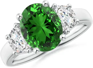 Angara Lab Grown Three Stone Oval Emerald and Half Moon Diamond Ring in Silver / 14K Solid Gold/Platinum | May Birthstone, Birthday, Engagement, Anniversary, Wedding Jewelry Gift for Women