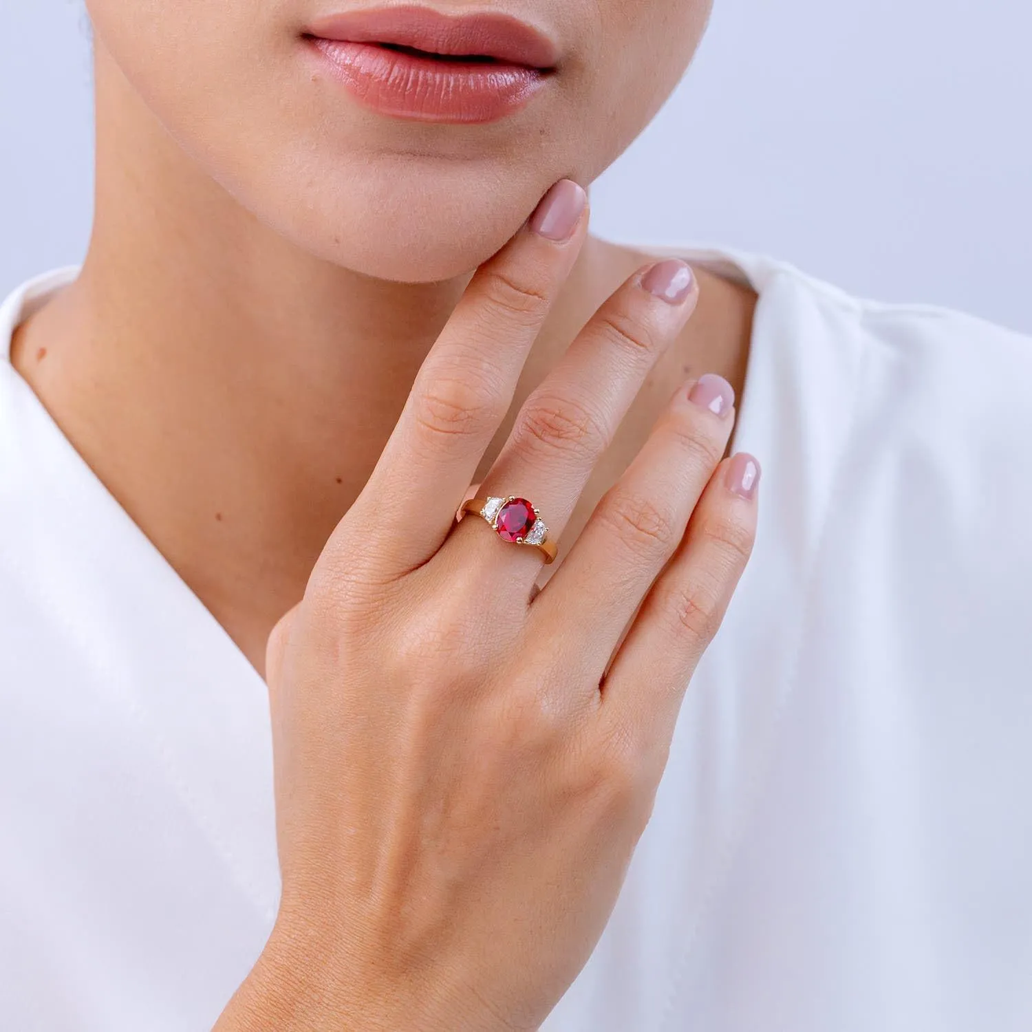 Angara Lab Grown Three Stone Oval Ruby and Half Moon Lab Diamond Ring in Silver / 14K Solid Gold/Platinum | July Birthstone, Birthday, Engagement, Anniversary, Wedding Jewelry Gift for Women