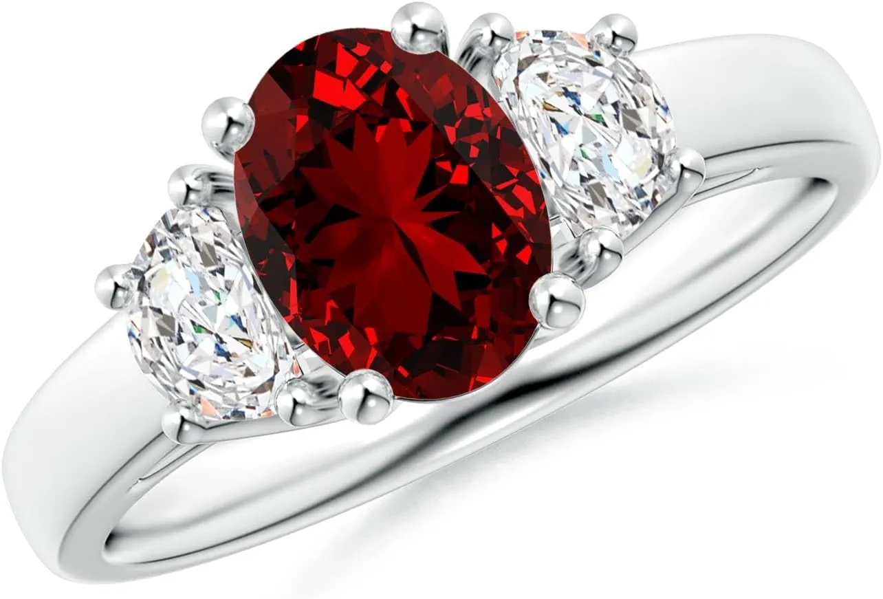 Angara Lab Grown Three Stone Oval Ruby and Half Moon Lab Diamond Ring in Silver / 14K Solid Gold/Platinum | July Birthstone, Birthday, Engagement, Anniversary, Wedding Jewelry Gift for Women