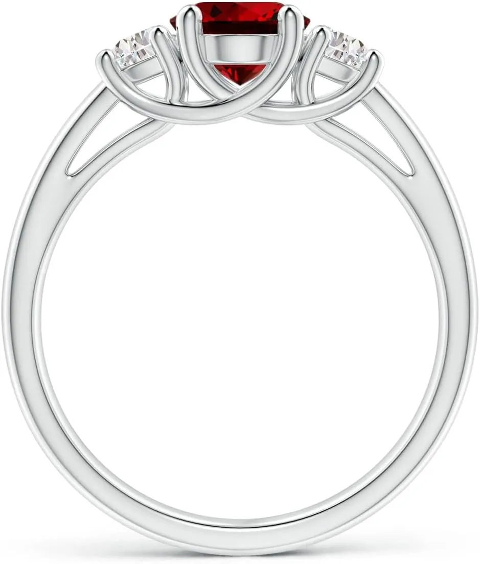 Angara Lab Grown Three Stone Oval Ruby and Half Moon Lab Diamond Ring in Silver / 14K Solid Gold/Platinum | July Birthstone, Birthday, Engagement, Anniversary, Wedding Jewelry Gift for Women
