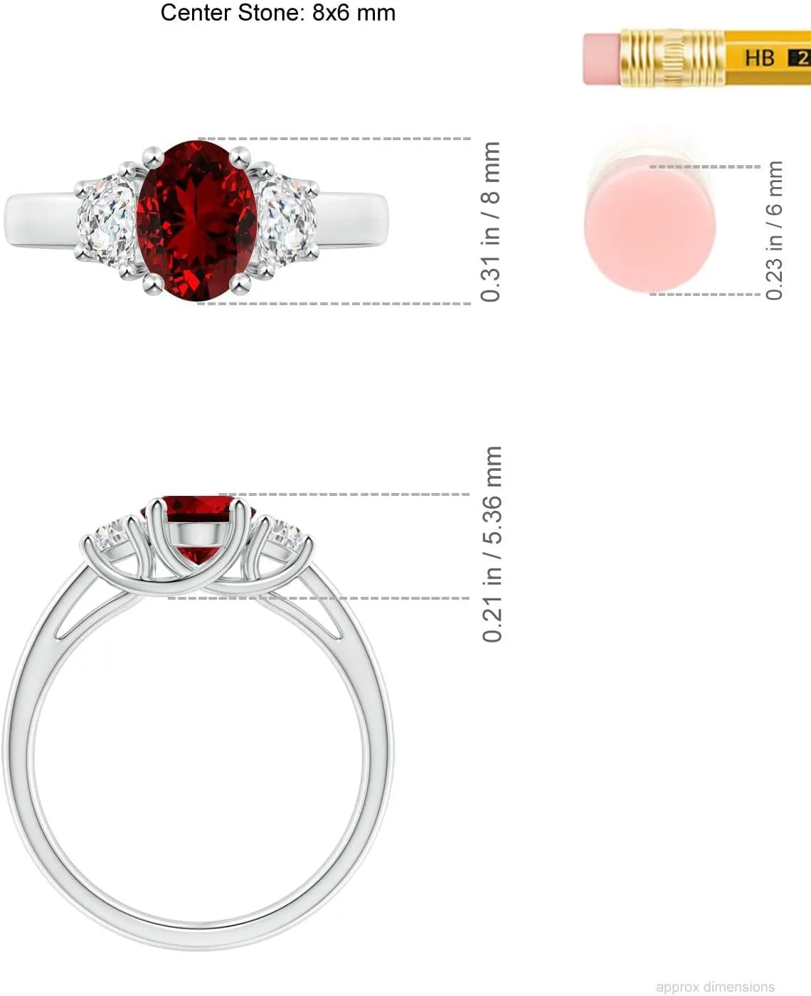 Angara Lab Grown Three Stone Oval Ruby and Half Moon Lab Diamond Ring in Silver / 14K Solid Gold/Platinum | July Birthstone, Birthday, Engagement, Anniversary, Wedding Jewelry Gift for Women