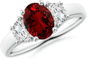 Angara Lab Grown Three Stone Oval Ruby and Half Moon Lab Diamond Ring in Silver / 14K Solid Gold/Platinum | July Birthstone, Birthday, Engagement, Anniversary, Wedding Jewelry Gift for Women