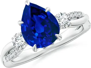 Angara Lab Grown Three Stone Pear Blue Sapphire & Round Diamond Engagement Ring in 14K Solid Gold/Platinum | Birthday, Anniversary, Wedding Jewelry Gift for Women