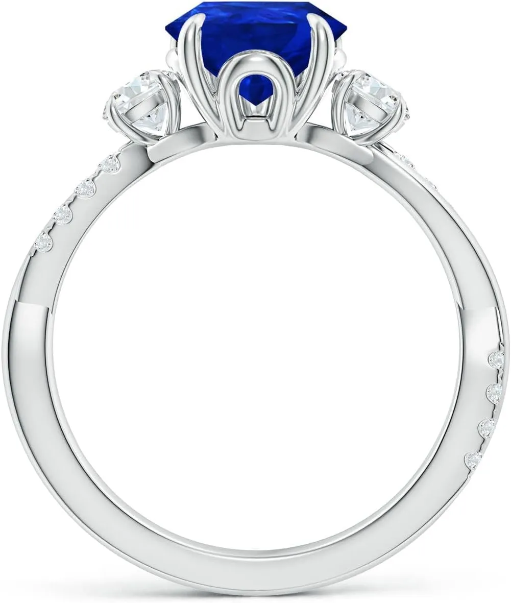 Angara Lab Grown Three Stone Pear Blue Sapphire & Round Diamond Engagement Ring in 14K Solid Gold/Platinum | Birthday, Anniversary, Wedding Jewelry Gift for Women