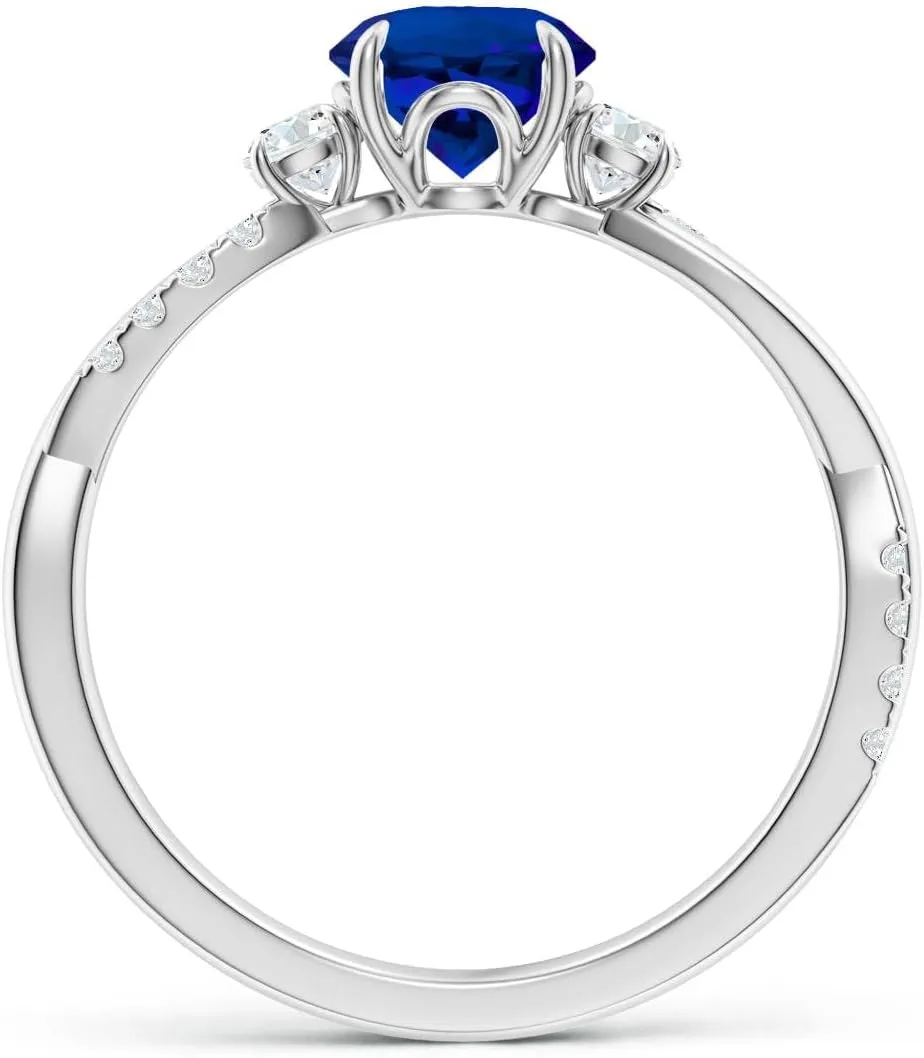 Angara Lab Grown Three Stone Round Blue Sapphire & Diamond Engagement Ring in 14K Solid Gold/Platinum | Birthday, Anniversary, Wedding Jewelry Gift for Women
