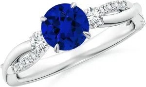 Angara Lab Grown Three Stone Round Blue Sapphire & Diamond Engagement Ring in 14K Solid Gold/Platinum | Birthday, Anniversary, Wedding Jewelry Gift for Women