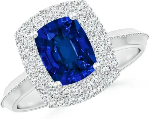 Angara Lab Grown Vintage Inspired Cushion Rectangular Blue Sapphire Double Halo Engagement Ring in 14K Solid Gold/Platinum | Birthday, Anniversary, Wedding Jewelry Gift for Women