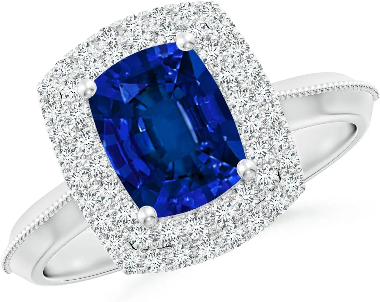Angara Lab Grown Vintage Inspired Cushion Rectangular Blue Sapphire Double Halo Engagement Ring in 14K Solid Gold/Platinum | Birthday, Anniversary, Wedding Jewelry Gift for Women