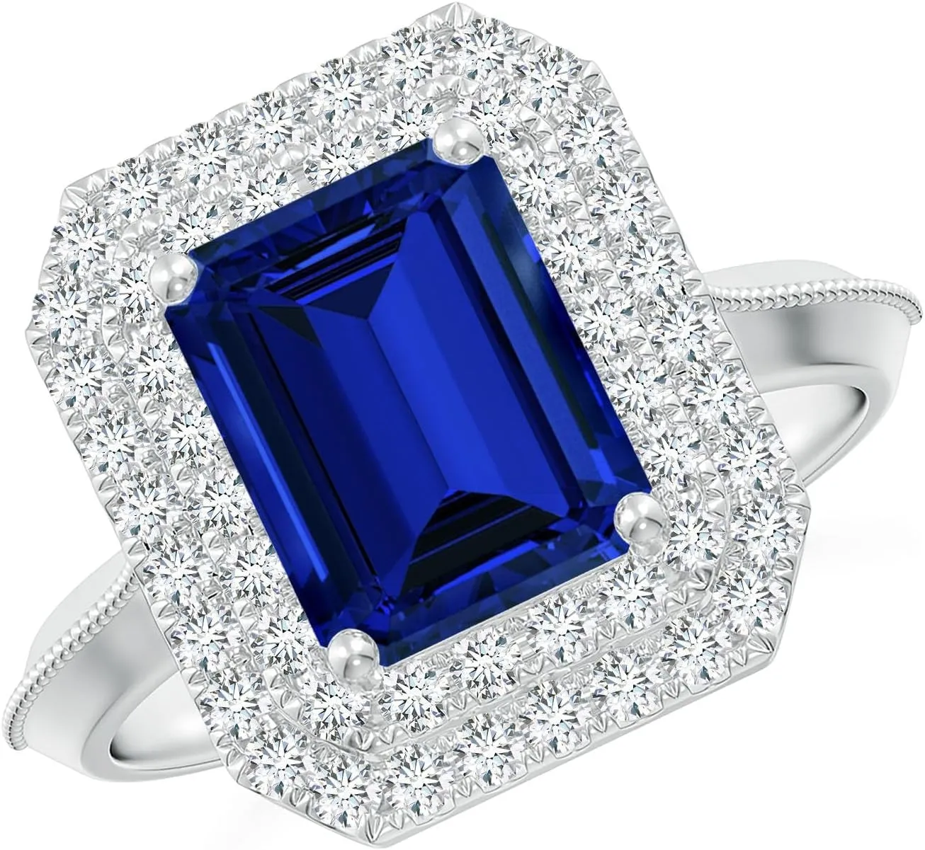 Angara Lab Grown Vintage Inspired Emerald-Cut Blue Sapphire Double Halo Engagement Ring in 14K Solid Gold/Platinum | Birthday, Anniversary, Wedding Jewelry Gift for Women