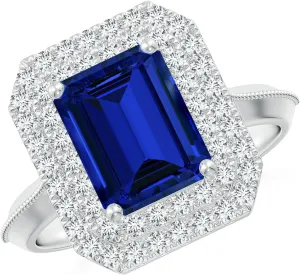 Angara Lab Grown Vintage Inspired Emerald-Cut Blue Sapphire Double Halo Engagement Ring in 14K Solid Gold/Platinum | Birthday, Anniversary, Wedding Jewelry Gift for Women