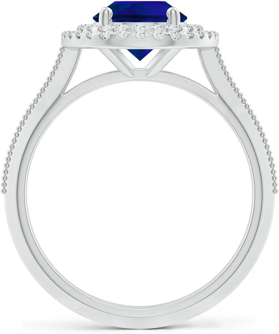 Angara Lab Grown Vintage Inspired Oval Blue Sapphire Double Halo Engagement Ring in 14K Solid Gold/Platinum | Birthday, Anniversary, Wedding Jewelry Gift for Women