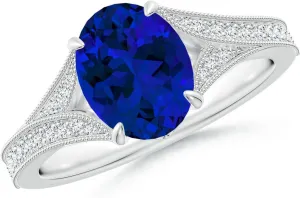 Angara Lab Grown Vintage Inspired Oval Blue Sapphire Split Shank Engagement Ring in 14K Solid Gold/Platinum | Birthday, Anniversary, Wedding Jewelry Gift for Women