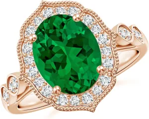 Angara Lab Grown Vintage Inspired Oval Emerald Ornate Halo Engagement Ring in 14K Solid Gold/Platinum | May Birthstone, Birthday, Anniversary, Wedding Jewelry Gift for Women