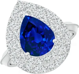Angara Lab Grown Vintage Inspired Pear Blue Sapphire Double Halo Engagement Ring in 14K Solid Gold/Platinum | Birthday, Anniversary, Wedding Jewelry Gift for Women